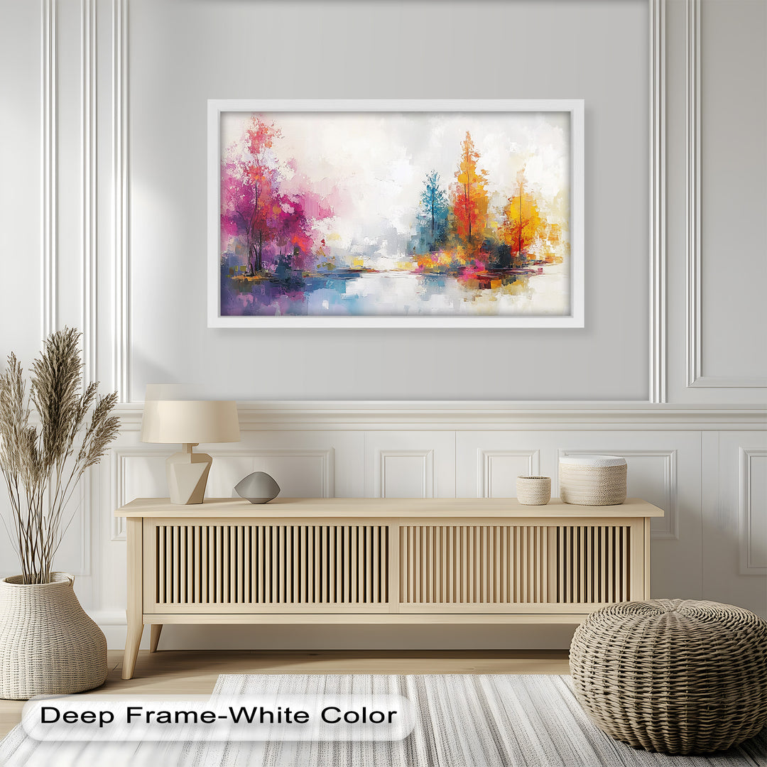 A vibrant abstract landscape painting featuring colorful autumn trees reflected in a calm body of water, blending warm and cool tones in an impressionist style.