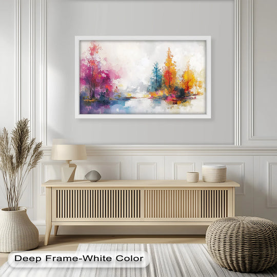 Framed contemporary oil painting showing brushstroke abstract modern art with colorful trees reflected in a body of water as the central oil painting reproduction print.