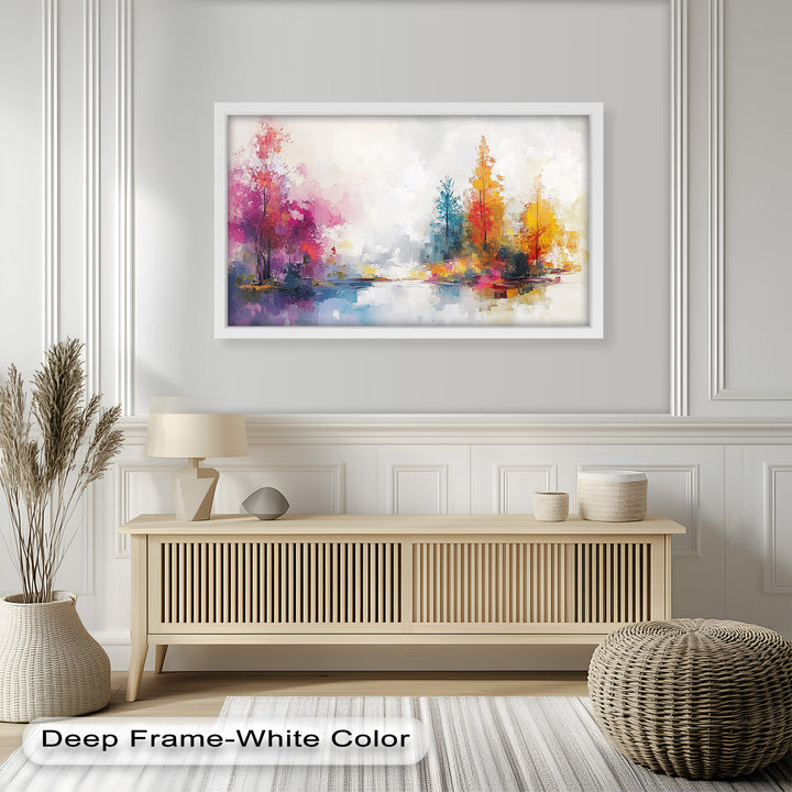 A vibrant abstract landscape painting featuring colorful autumn trees reflected in a calm body of water, blending warm and cool tones in an impressionist style.