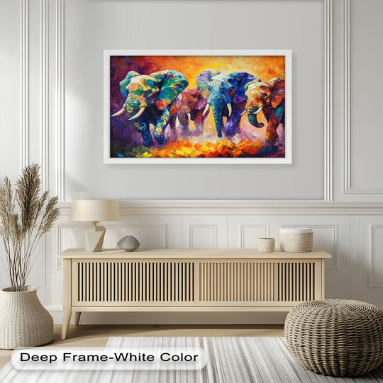 Shining with a warm glow, this elephant herd at dusk evokes vibrant energy, perfect for adding a touch of wildlife oil painting home decor to any room.
