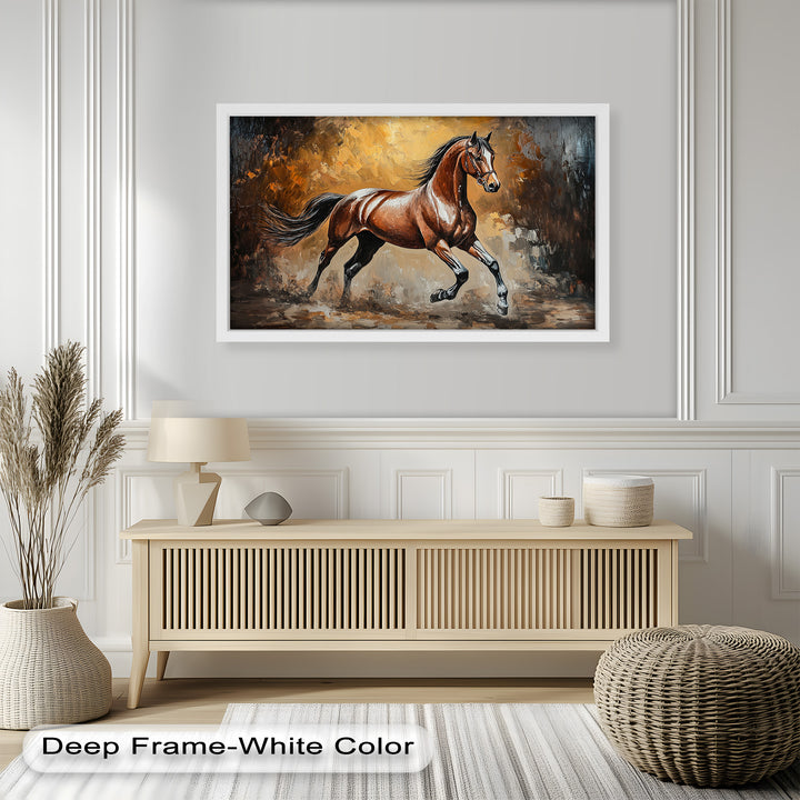 Vibrant horse wall art with rich brown hues and textured brushwork.
