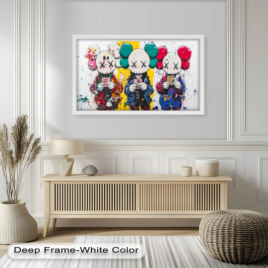 Bold and highly saturated oil painting art piece of three KAWS figures with vibrant splashes of color.