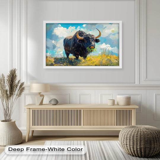 Exploring the abstract quality of this highland bull oil painting art, featuring a rustic bovine in a vivid, grassy field, showcasing modern oil painting art.