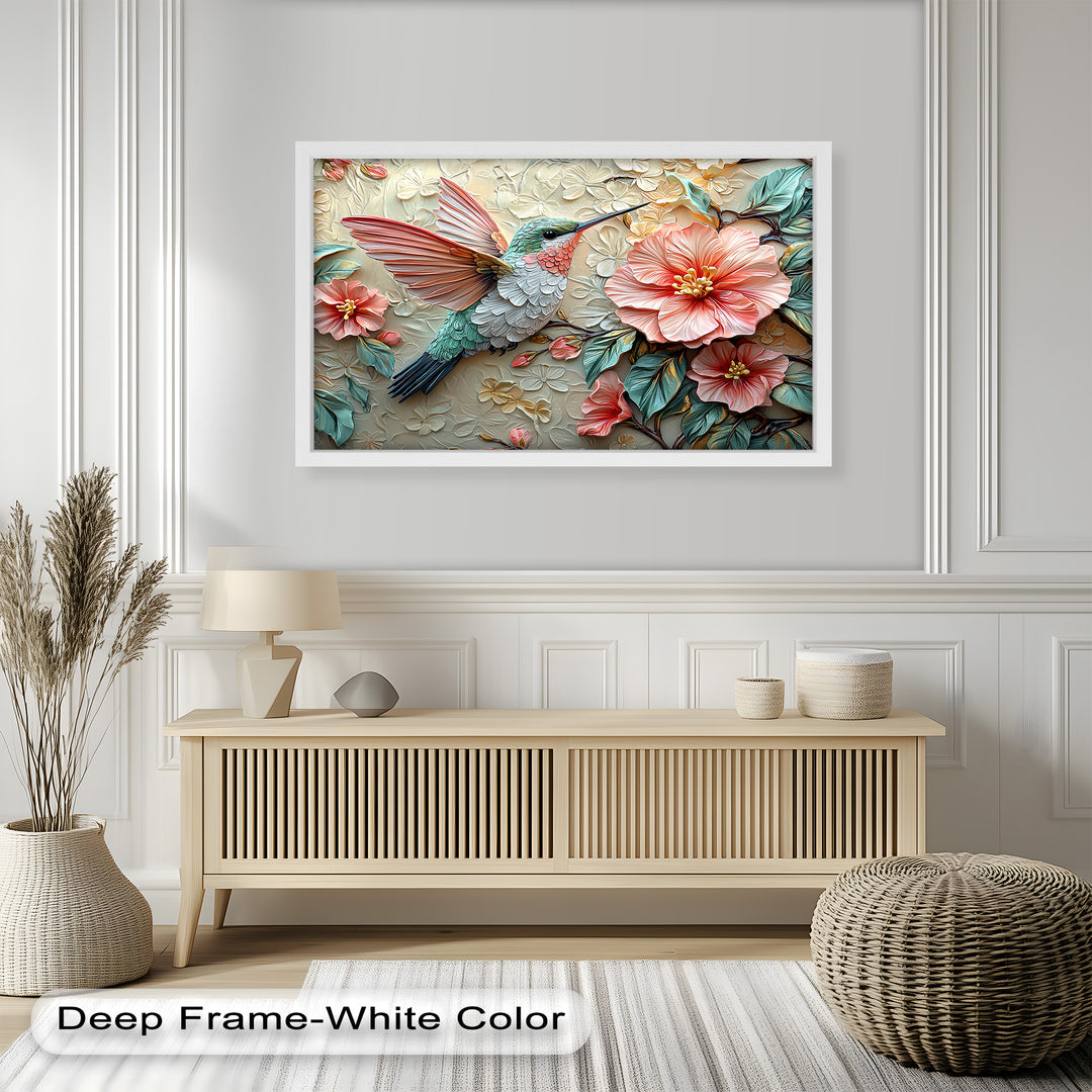 A mesmerizing embossed-style painting capturing the delicate details of a hummingbird surrounded by lush floral patterns in soft pastel tones.