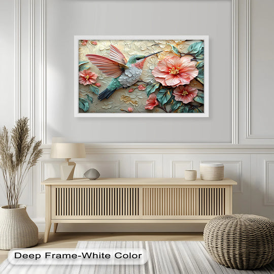 Juxtaposing the smooth, layered geometric textures of the pink floral and hummingbird subject against the deep-framed Spring Hummingbird oil painting art prints.