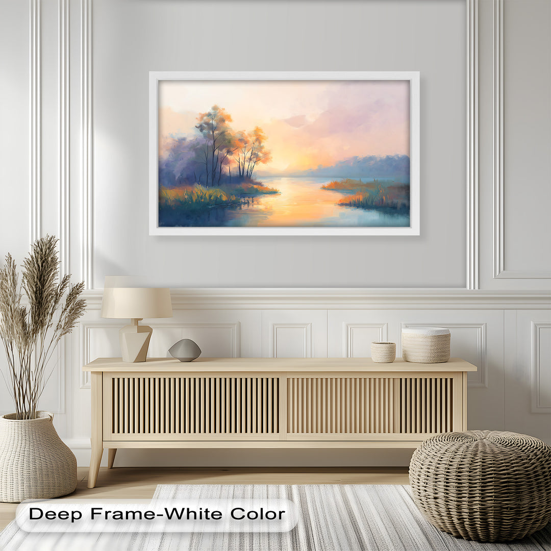 A serene sunset bathes the landscape in soft golden hues, as delicate trees and calm waters reflect the warm glow of the evening sky in this impressionist-style painting.

