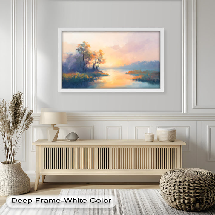 A serene sunset bathes the landscape in soft golden hues, as delicate trees and calm waters reflect the warm glow of the evening sky in this impressionist-style painting.

