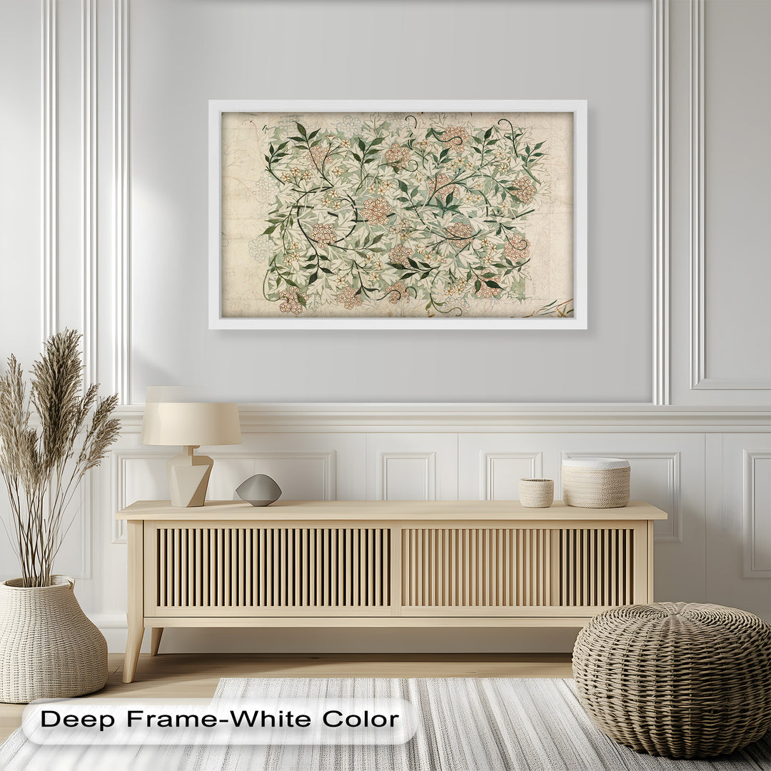 A beautifully detailed botanical illustration featuring intertwining green leaves and delicate floral clusters in an elegant vintage design.
