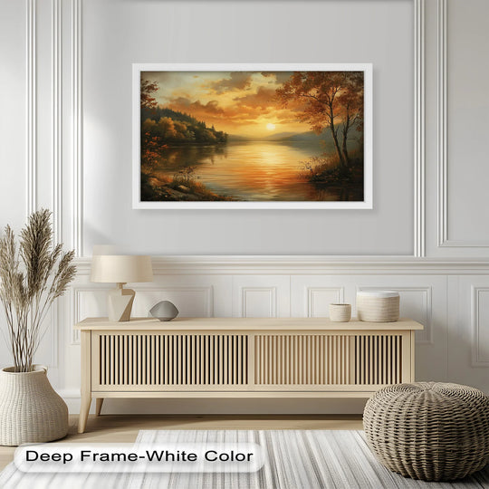 Glowing light and shadow interplay across this golden lake sunset in a Hudson River oil painting artwork, reflecting autumn hues and distant hills.