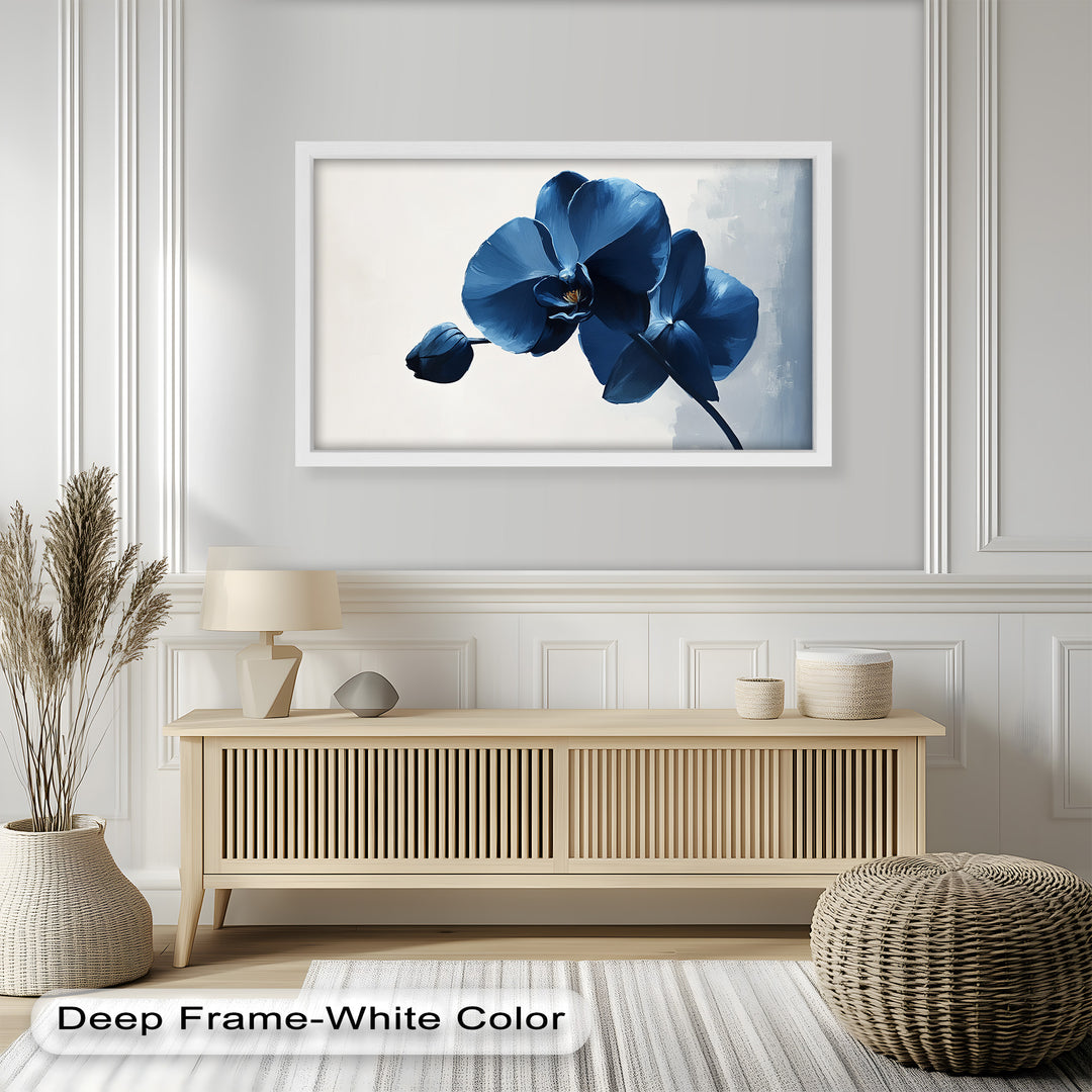 Minimalist blue orchid painting with soft white background.
