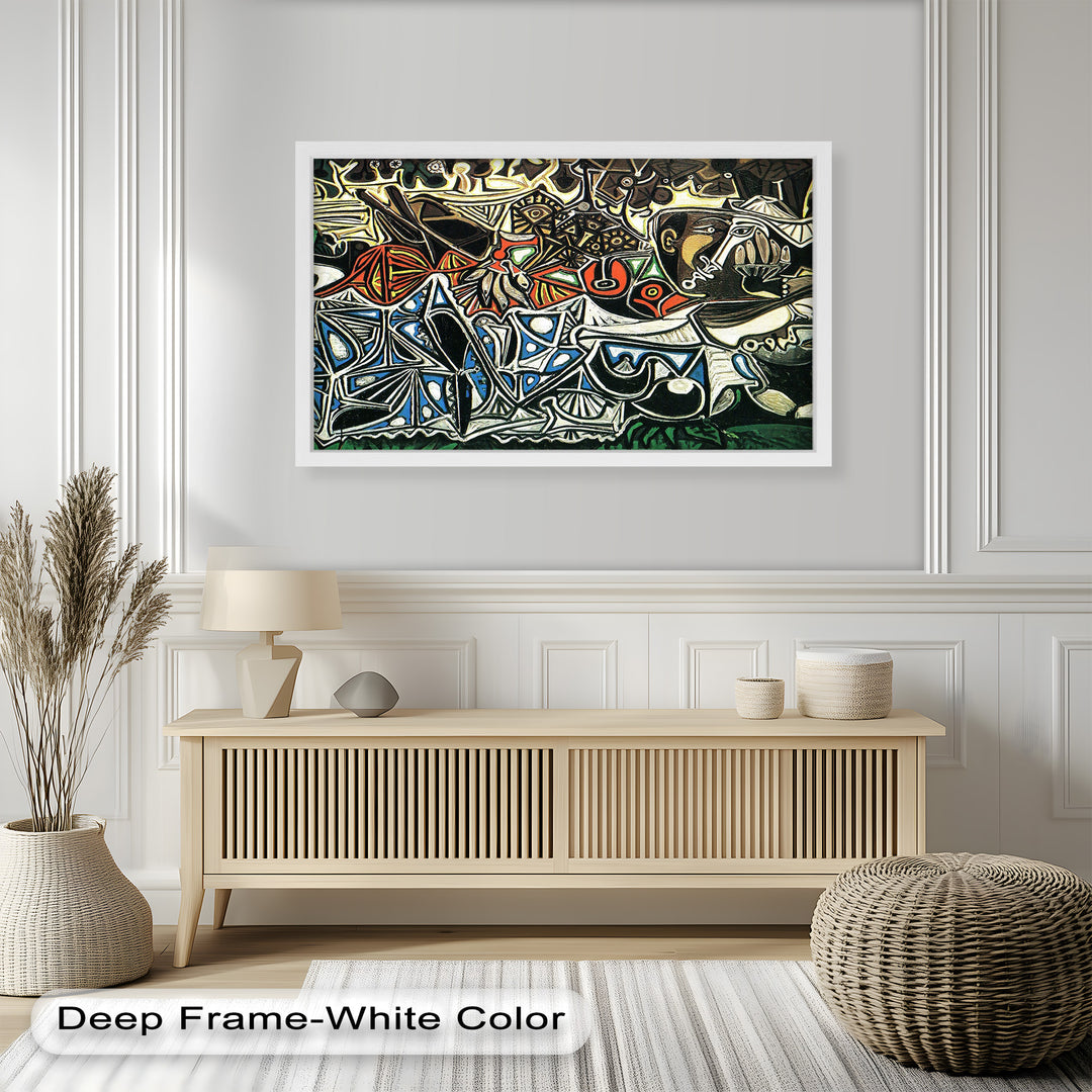 Cubist-inspired tableau with symbolic human elements, patterned triangles, and textured linework suggesting movement and tension.