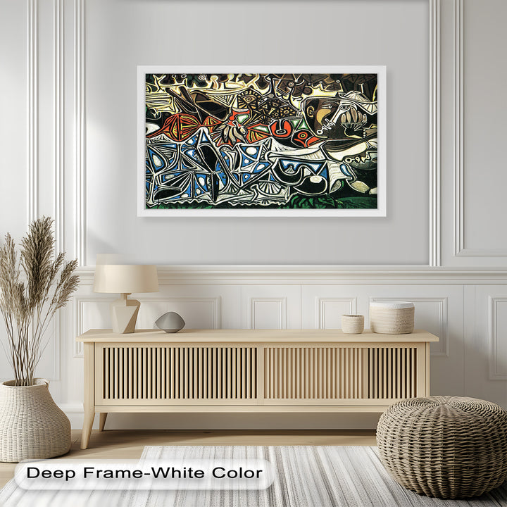 Cubist-inspired tableau with symbolic human elements, patterned triangles, and textured linework suggesting movement and tension.
