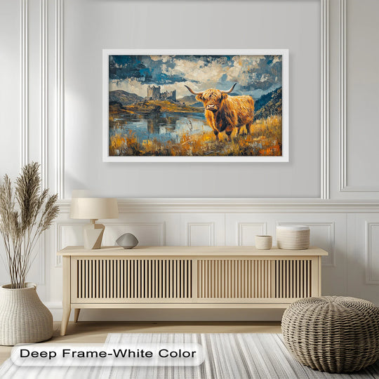Warm color temperature emphasizes the rustic oil painting art prints depicting a Highland cow against a cool Scottish landscape with a castle.