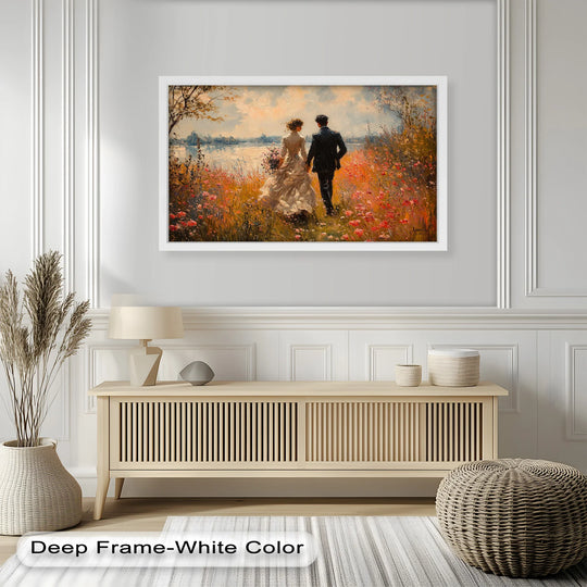 The realistic detail shows the brushstrokes and subtle color variations of this oil painting art prints, depicting a couple strolling through a vibrantly rendered impressionistic field.