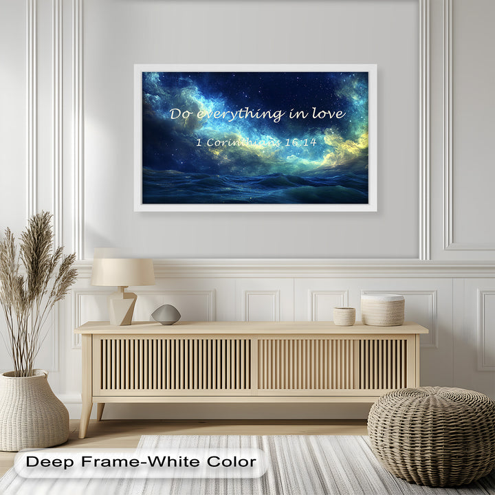 Christian wall art featuring a heavenly nebula over a tranquil sea.
