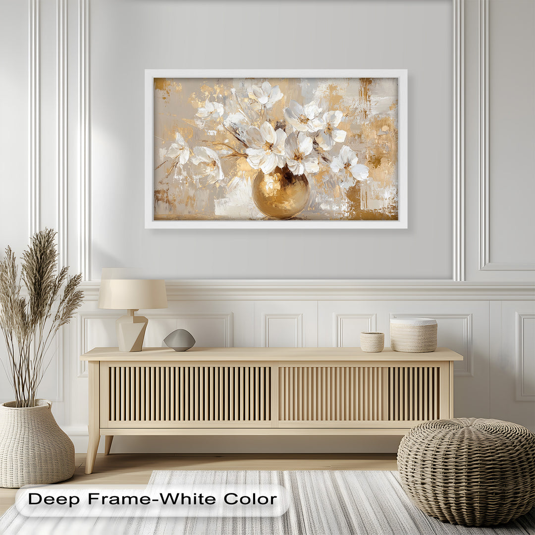 Golden Vase with White Florals – Flower Oil Painting