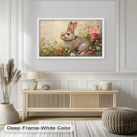 Calm and tranquil, the animal oil painting wall art captures the gentle spirit of a bunny nestled among spring blossoms.