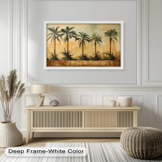 Gentle swaying fronds in this Palm Tree Grove invoke a tranquil sense of movement in this vintage-style oil painting home decor, making it a vibrant piece.