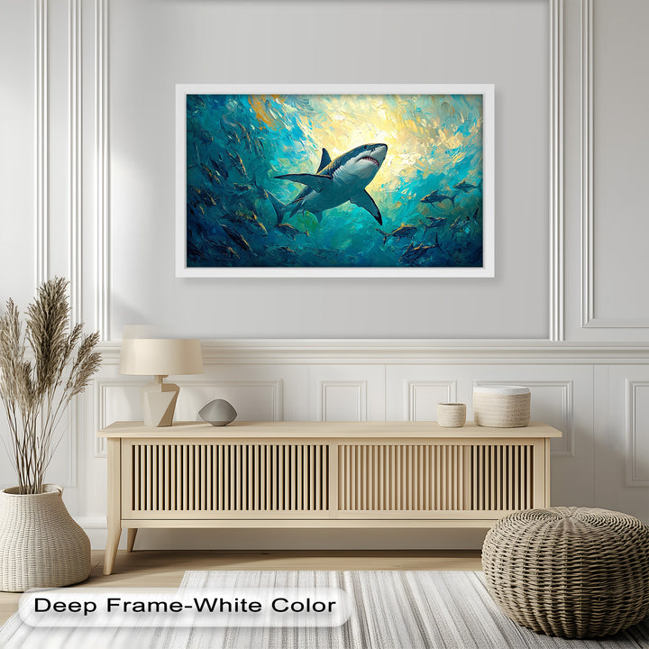 Great White Shark in Sunlit Ocean Depths – Animal Oil Painting