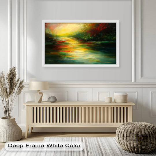 Blurred hues of the radiant silence modern oil painting art blend together in a tranquil, hazy effect, creating a soft glow across the framed abstract art.
