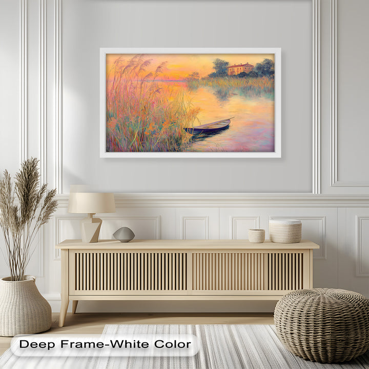 Golden Reeds and Sunset Rowboat – Impressionist Oil Painting