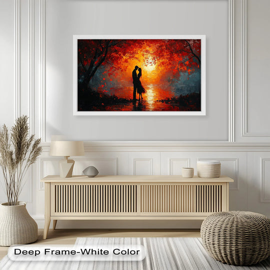 Rectangular oil painting wall art featuring a silhouette of a kissing couple framed by geometric trees against a vibrant sunset adds dimension and color.