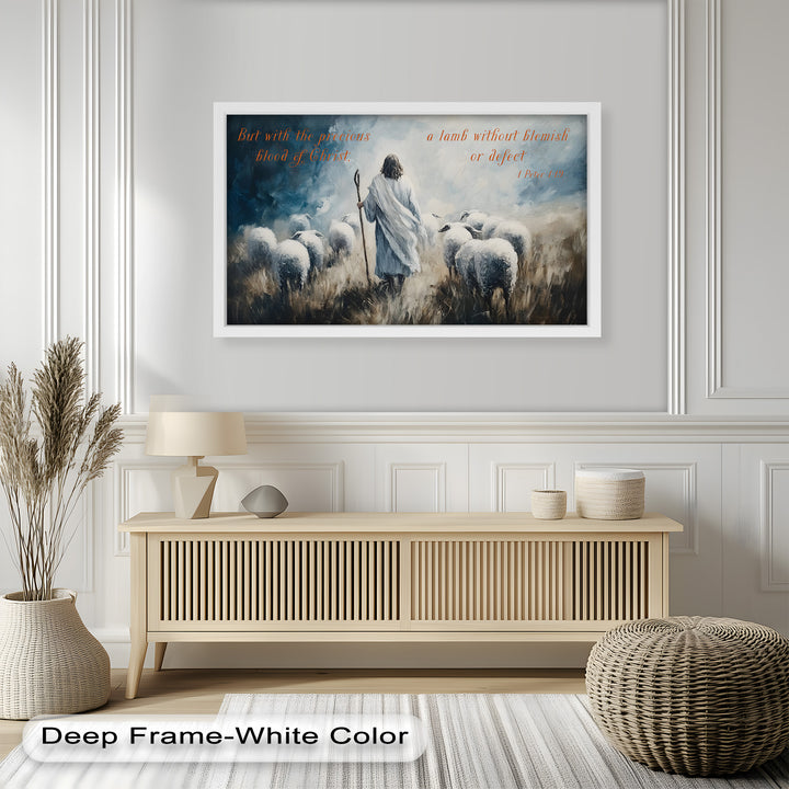 Ethereal religious painting symbolizing Jesus as the Lamb of God.
