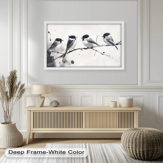 The central subject in this monochrome quartet bird art presents a striking oil painting decoration featuring four feathered friends perched on a branch.