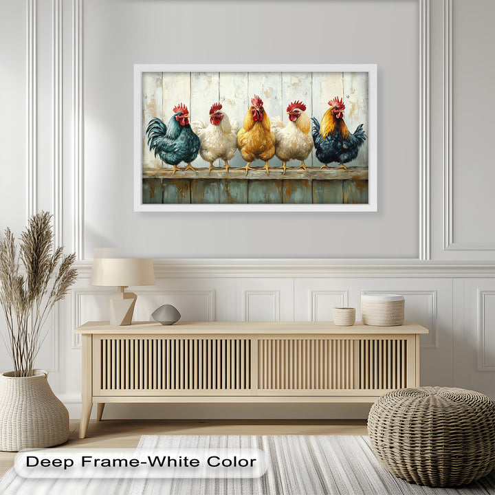 Colorful Roosters on a Wooden Fence – Animal Oil Painting