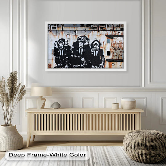 Negative space highlights the stark contrast between the stark chimps of the oil painting artwork and the textured background, enhancing the silent message.