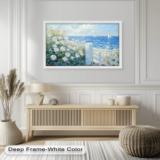 Framed oil painting wall art showcases a vivid seascape with bright white roses contrasted against the tranquil ocean, making it a statement piece for serene home decor.