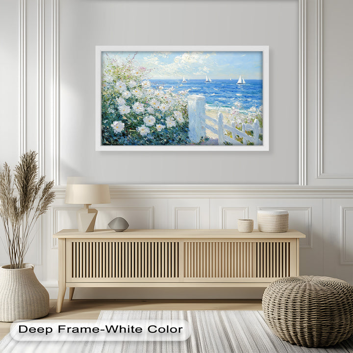 White Rose Garden with Sailboats – Impressionist Oil Painting