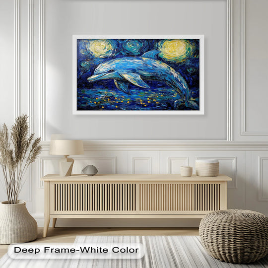 Deeply layered animal oil painting home decor evokes a surreal ocean dreamscape, where a starry night dolphin shimmers with light and masterful textural depth.