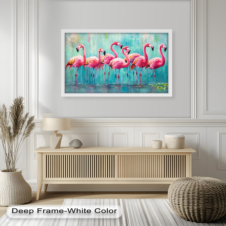 Flamingoschwarm auf dem Wasser – Tierölgemälde