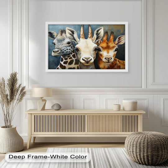 Highlighting the layering effect, this modern oil painting art showcases a trio of giraffes, each brushstroke creating depth and character in the animal artwork.