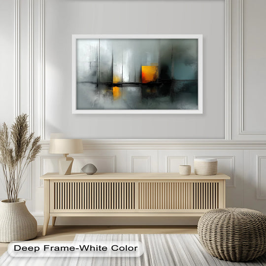 Woven textures of a round ottoman and a striped rug highlight the foreground, complementing the 'Solitude in Reflection' oil painting home decor above the wooden console.