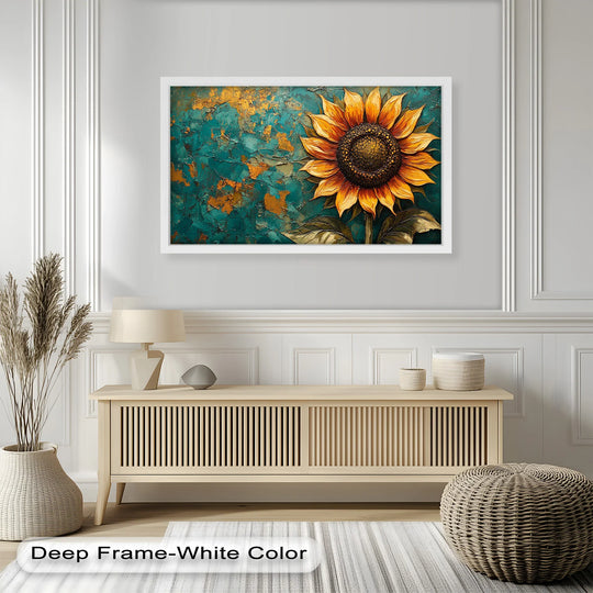 The stillness of the sunflower in this oil painting decoration is captured in the textures and tones of teal and gold, creating a peaceful floral scene.