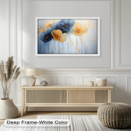 A sense of movement is captured in this framed oil painting artwork, as blue and yellow floral art blossoms with a fluid, dynamic energy.