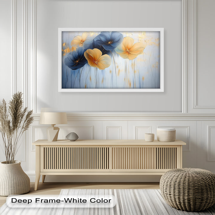 Soft abstract flower artwork featuring muted gold and deep blue petals.
