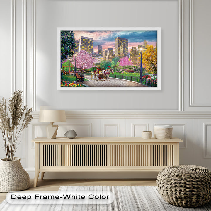 A charming oil painting capturing the elegance of a horse-drawn carriage ride through a vibrant park, illuminated by soft sunset hues and modern architecture in the distance