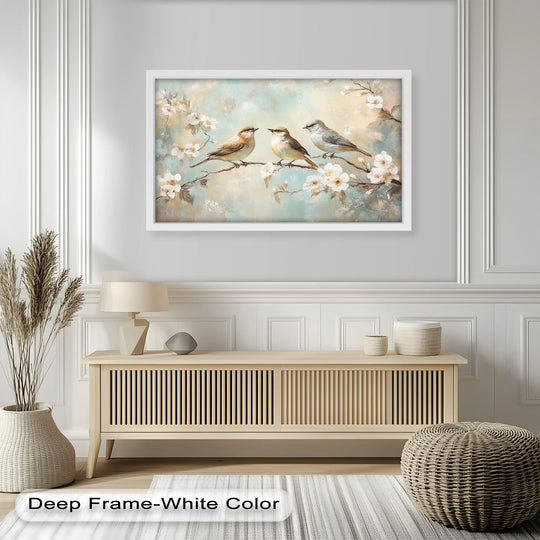 The springtime songbirds oil painting art prints showcase a gentle transition between soft blues and warm yellows, enhancing the birds and blossoms in this serene oil painting.