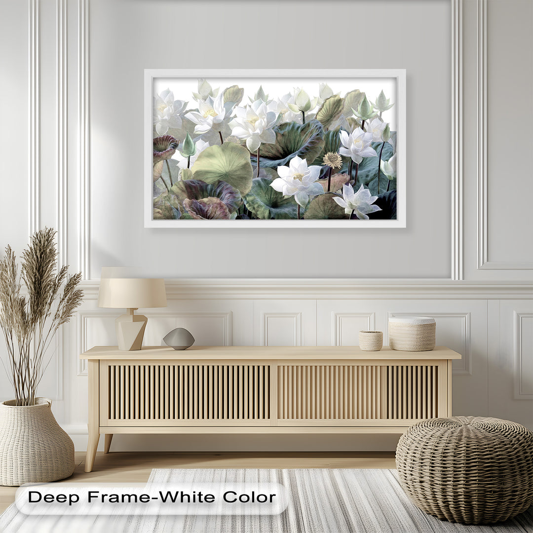 A serene framed wall art featuring delicate white lotus flowers blooming amidst lush green leaves, creating a tranquil and elegant botanical composition
