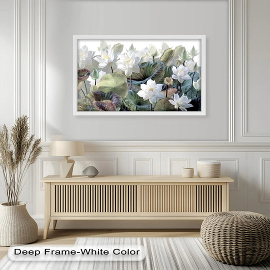 Negative space surrounds the elegant floral oil painting artwork, highlighting the blooming lotus flower botanical design.