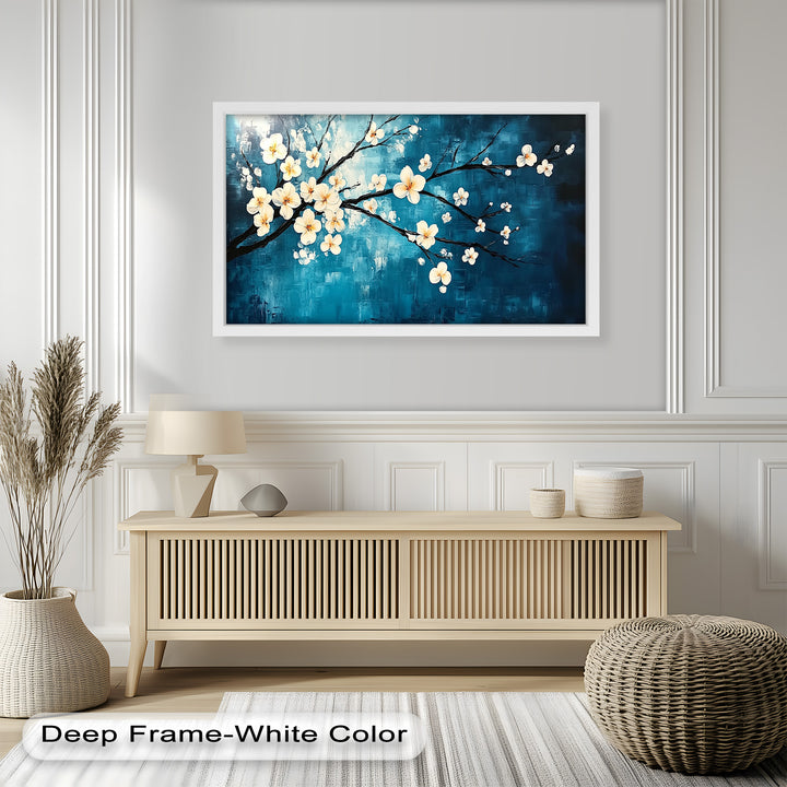 White Blossoms on Blue Wall Art – Floral Oil Painting