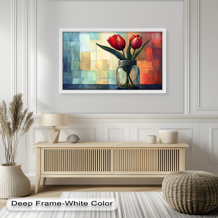 Red and Orange Tulips in Glass Vase – Bold Floral Oil Painting