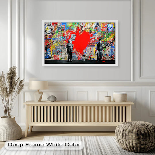 Showcasing the layering effect, this vibrant color explosion Banksy oil painting reveals detailed oil painting art prints of Einstein, Chaplin, and a graffiti heart.