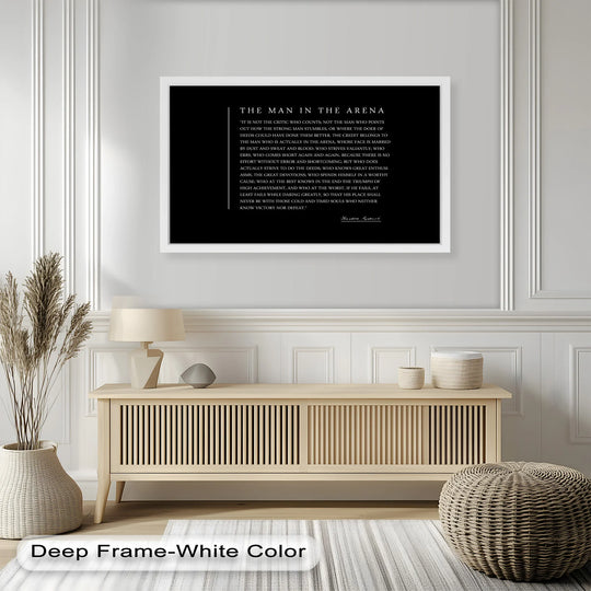 Layering the inspirational quote in modern oil painting art, 'The Man in the Arena,' creates depth with its bold typography against a contrasting background.