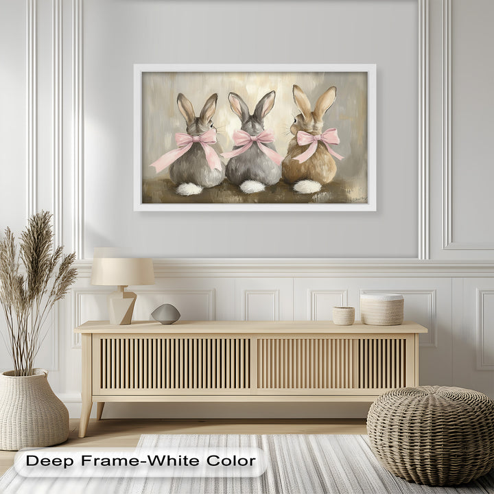 Trio of Bunnies with Pink Bows – Animal Oil Painting