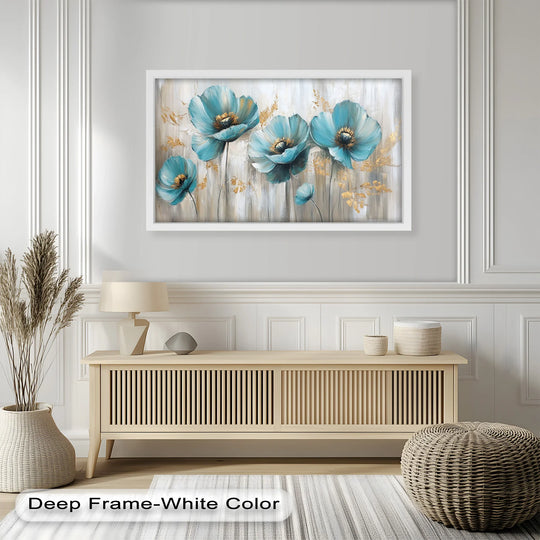 Subtle light and shadow accentuates the teal blooms and gold accents in this floral oil painting home decor, giving the artwork a dreamy, elegant allure.