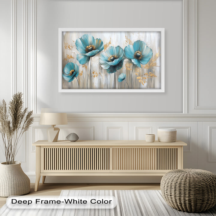 Blue Poppies with Metallic Accents - Flower Oil Painting